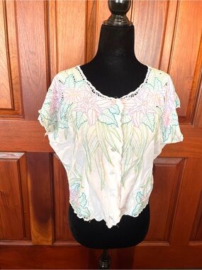 Vintage 80s BALI cutwork lace tropical embroidery BLOUSE  jehnsen